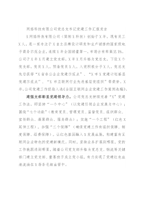 网络科技有限公司党总支书记党建工作汇报发言